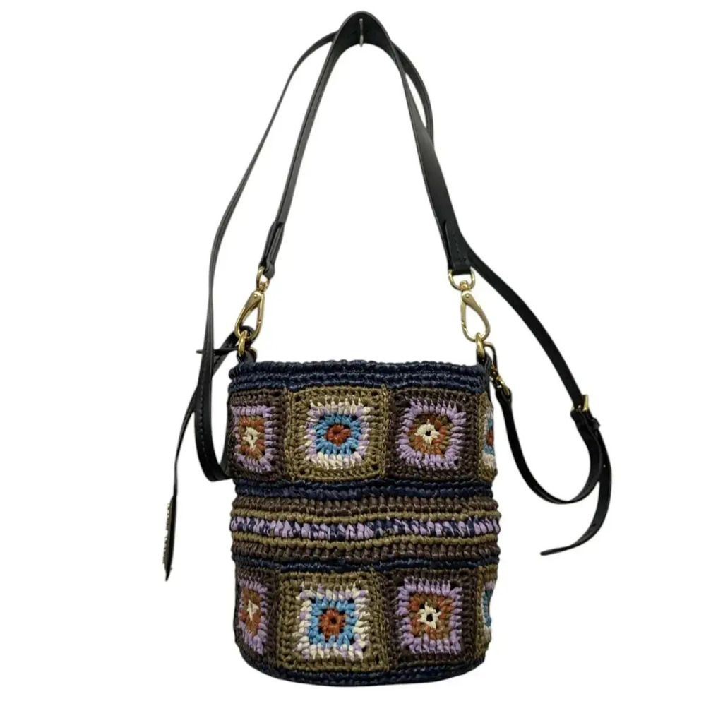 Miu Miu Multicolor MIURaffia Crochet Multicolor Leather Bucket Bag Black Brown